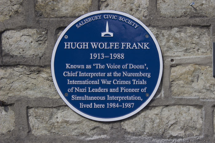 THE BLUE PLAQUE awarded by SALISBURY CIVIC SOCIETY in honour of the achievements of HUGH WOLFE FRANK