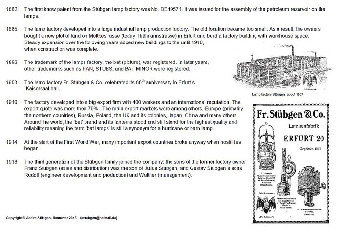 Lamp Factory Fr. Stübgen & Co., Erfurt - History of the Stübgen Kerosene lanterns and Bat Lanterns