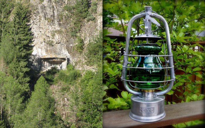 SWISS BUNKER AND HELVITIA KEROSENE LANTERN WITH RARE GREEN GLOBE