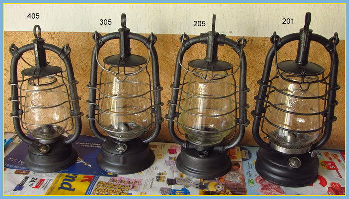 FEUERHAND Nr. 405; Nr. 305; Nr. 205; Nr. 201 GERMAN KEROSENE LANTERNS SIZE COMPARISON.