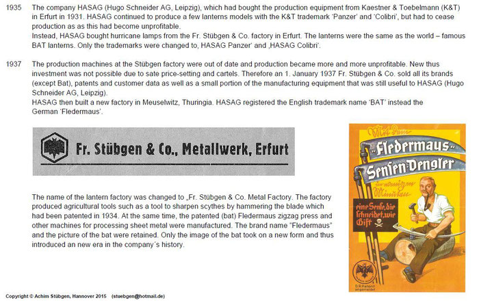 Lamp Factory Fr. Stübgen & Co., Erfurt - History of the Stübgen Kerosene lanterns and Bat Lanterns