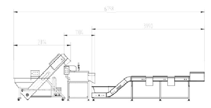Plan d’une ligne complète d’épluchage de pommes de terre avec tri et inspection qualité.