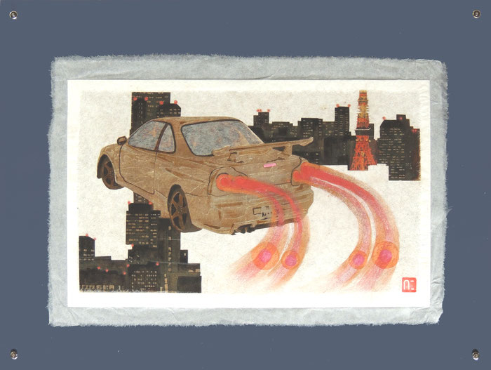 日本画　箔　箔画　箔絵　車　スカイライン GTR　近藤仁