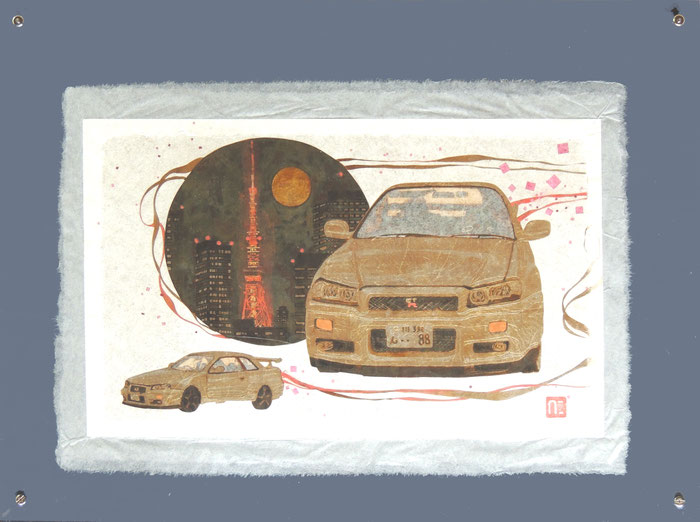 日本画　箔　箔画　箔絵　車　スカイライン GTR　近藤仁