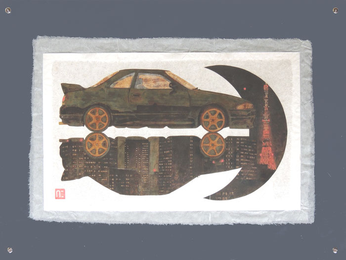 日本画　箔　箔画　箔絵　車　スカイライン GTR　近藤仁