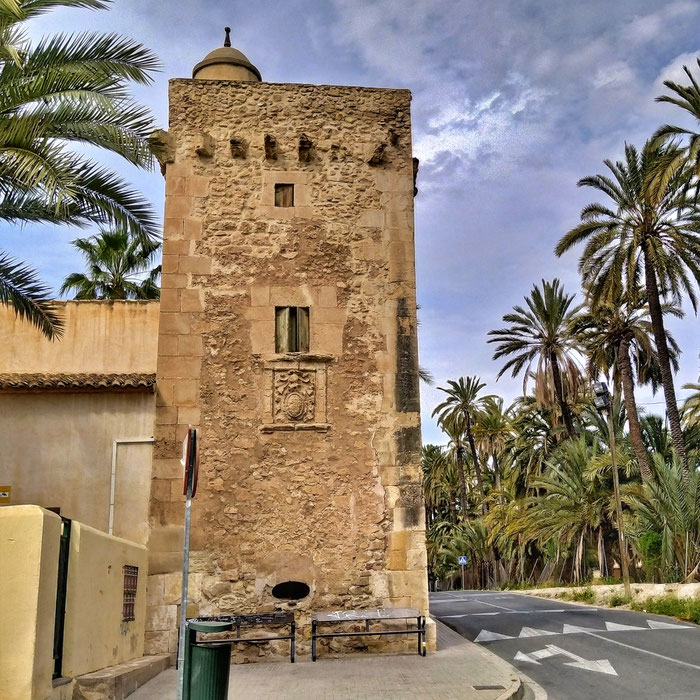 Torre de Ressemblanch rodeada de huertos de palmeras