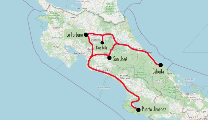 Costa Rica 2 Wochen Route