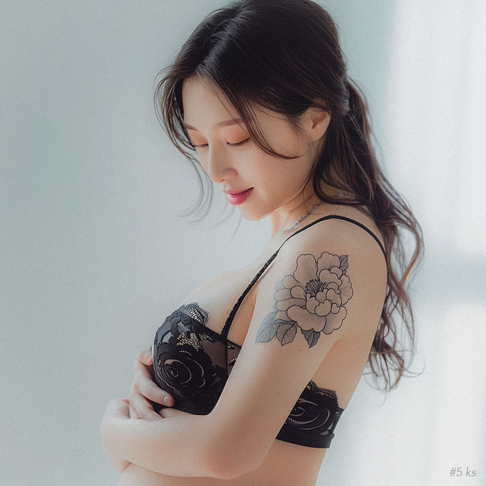 Zart beleuchtetes Portrait einer jungen asiatischen Frau mit Schulter-Tattoo in Erwartung der Geburt ihres Babys. Copyright Klaus Schoerner, www.bonnescape.de