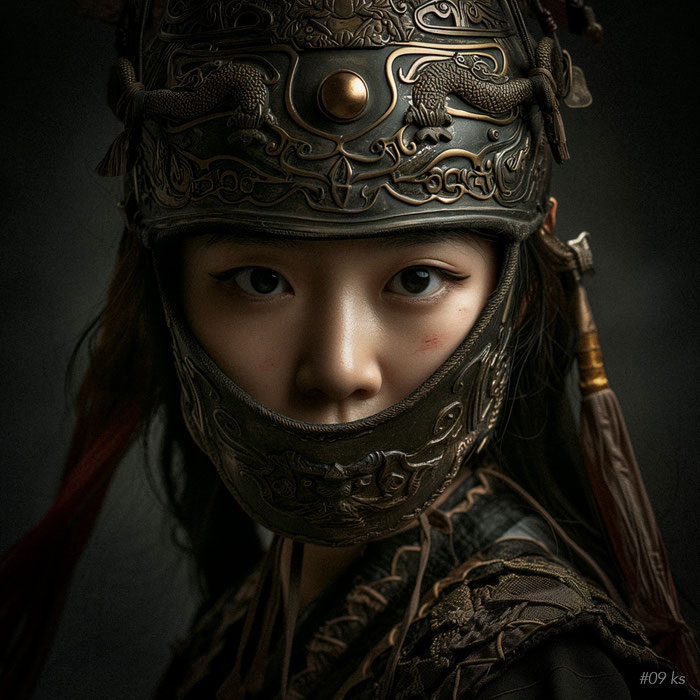 Portrait einer jungen Frau in mittelalterlicher chinesischer Rüstung. Copyright Klaus Schoerner, www.bonnescape.de