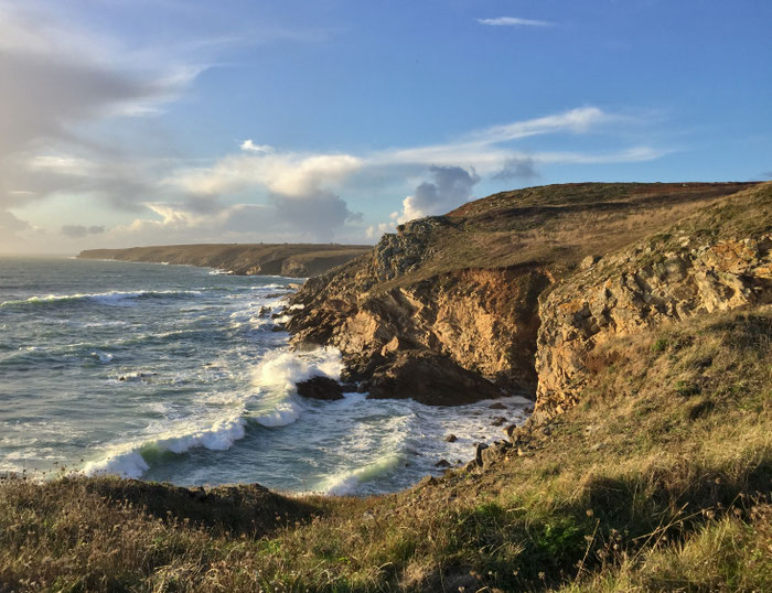 Wandern mit Hunden auf dem Küstenwanderweg GR34, Cap Sizun, Primelin, Finistère