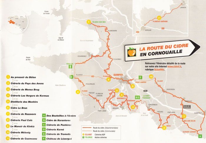 Karte der Route du Cidre AOC Cornouaille mit allen Cidre Erzeugern