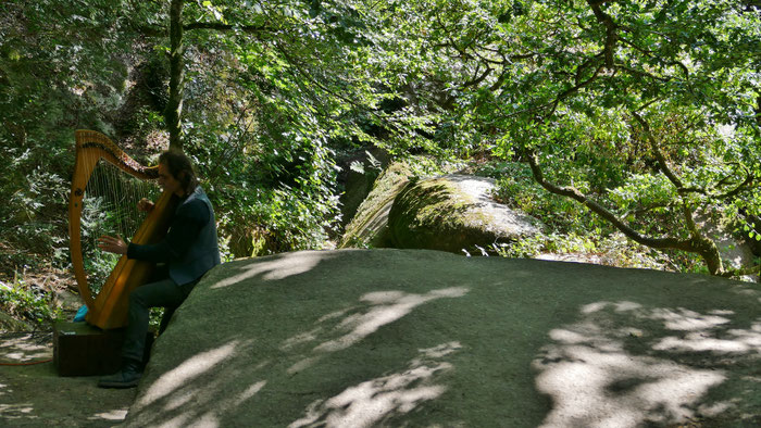 Huelgoat, der Zauberwald, Bretagne, Harfenspieler auf Granitstein