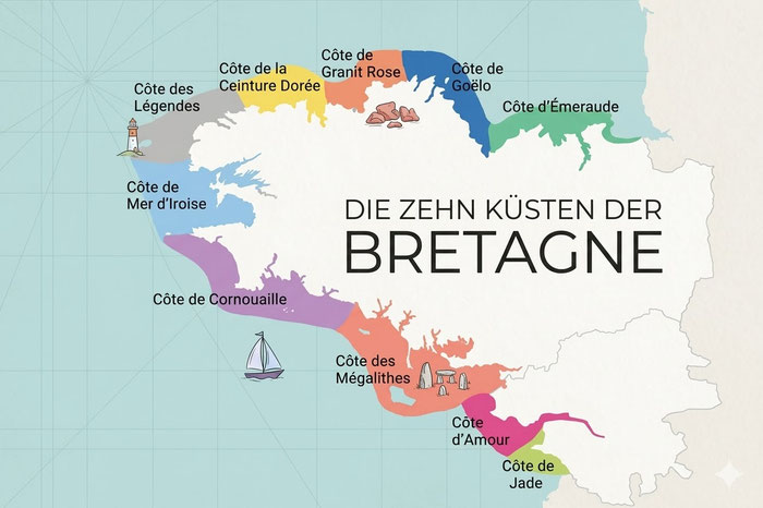Die Küstennamen der zehn Küsten der Bretagne, Landkarte