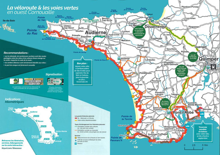 Véloroute Ouest Cornouaille, Fahrradweg in der Bucht von Audierne, am Meer entlang, Karte 