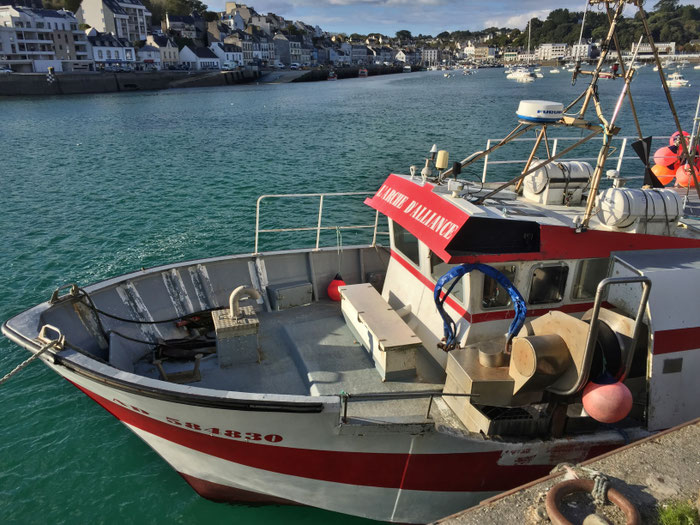 Fischerboot bringt seinen Fang in Plouhinec, Poulgoazec, Bucht von Audierne. 