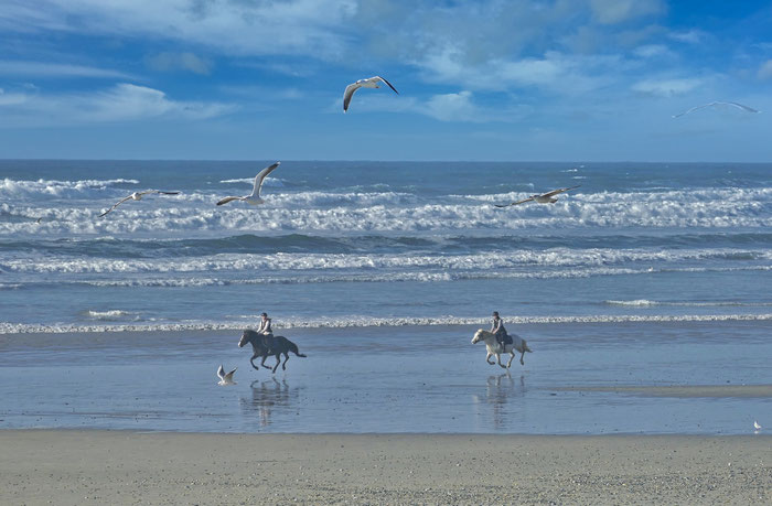 Reiter am Strand von Tréguennec, Bucht von Audierne, 10 Kilometer Sanstrand, Reiten im Urlaub