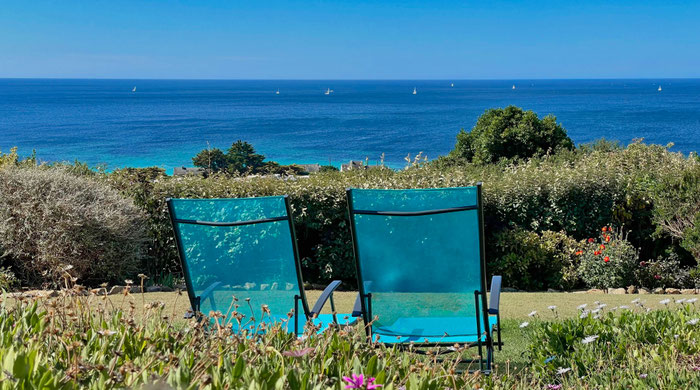 Auszeit in der Bretagne, Ferienhaus Ker Armor, Plouhinec, Finistère, Meerblick vom Garten
