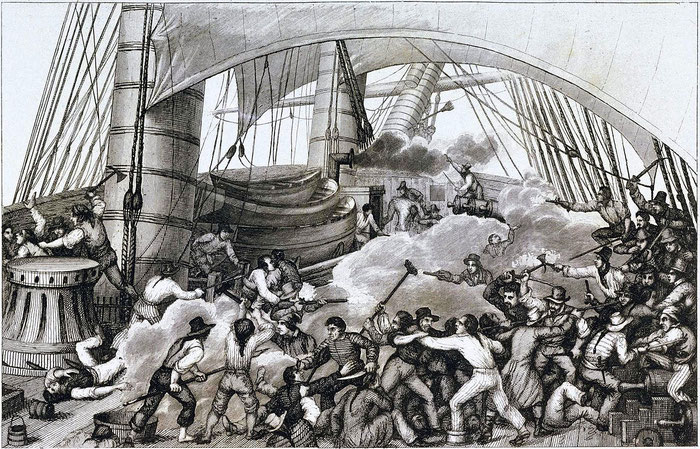Die Kaperung der Triton durch den bretonischen Korsar Robert Surcouf, Kupferstich von Ambroise Louis Garneray