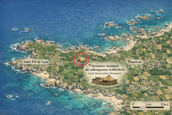 Stilisierte Landkarte der Bretagne mit der möglichen Lage des Dorfes von Asterix