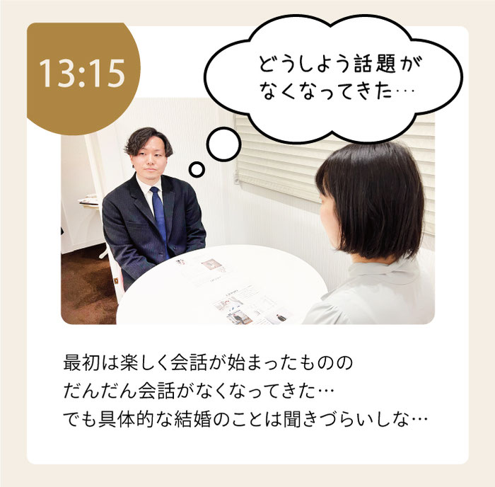 15分経過…。2人きりのお見合い会話がなくなってきた。具体的な結婚の話もしずらい…。