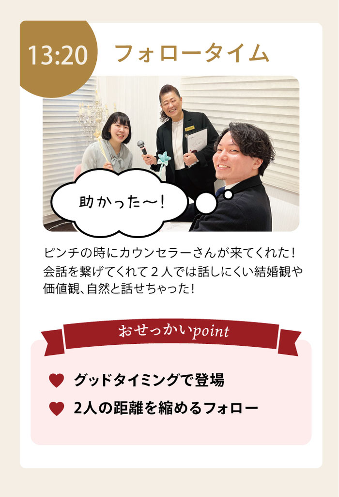 グッドタイミングでカウンセラーの登場。フォロータイムの時間。会話を繋げて2人では話しにくい結婚観や価値観の話をしてくれます。