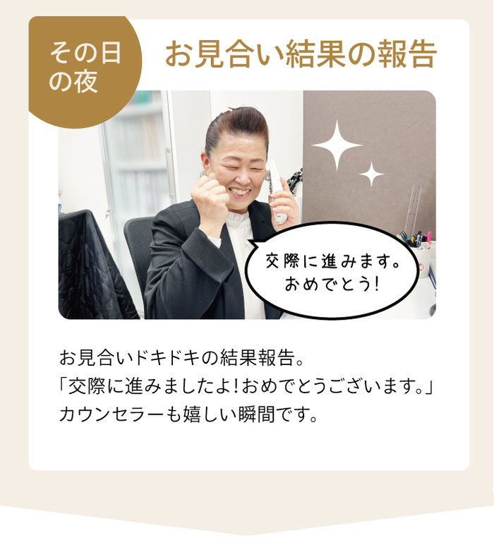 お見合い結果の報告。良い結果でも、悪い結果でもお電話にてカウンセラーよりしっかり伝えます。