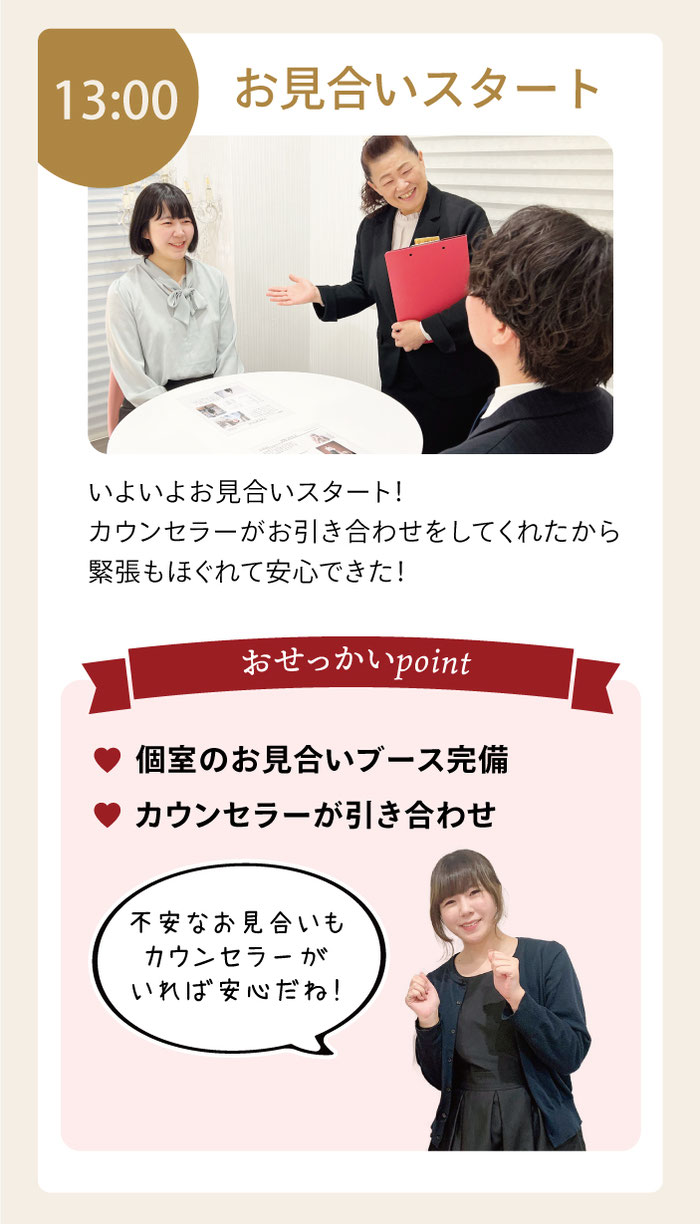 13:00お見合いスタート。カウンセラーがお引き合わせをするのでリラックス。完全個室のブースになっているので周りを気にしなくてOK！