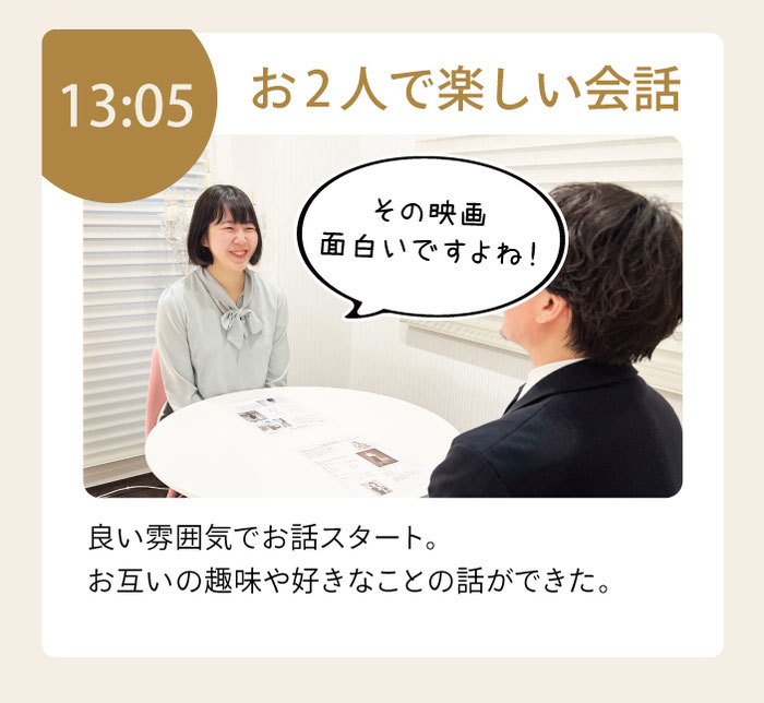 いい雰囲気で2人で楽しい会話。お互いの趣味や好きなことの話で盛り上がる。