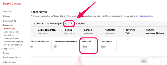 Voorbeeld van de CTR in een zoekanalyse op Google Search Console.