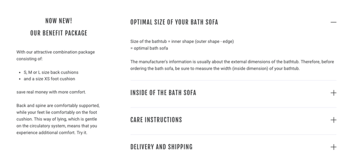 Pagina del sito Badesofa che spiega come scegliere il cuscino da vasca della giusta dimensione