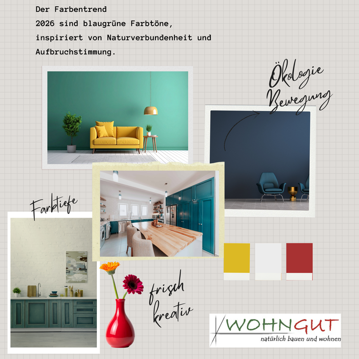 Farbentrends 2026 natürlich bei WOHNGUT: Wandfarben, Putze und natürliche Bodenbeläge schaffen ein harmonisches Zuhause. Gezeigt werden Wohnräume, die in blaugrünen Farbtönen gestaltet sind.
