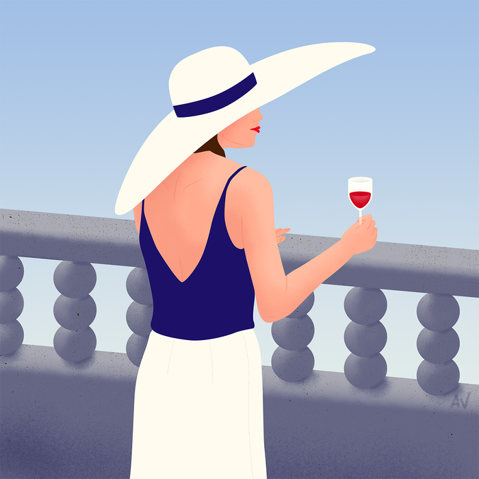 F aude erya vin wine femme balcon illustration chapeau 