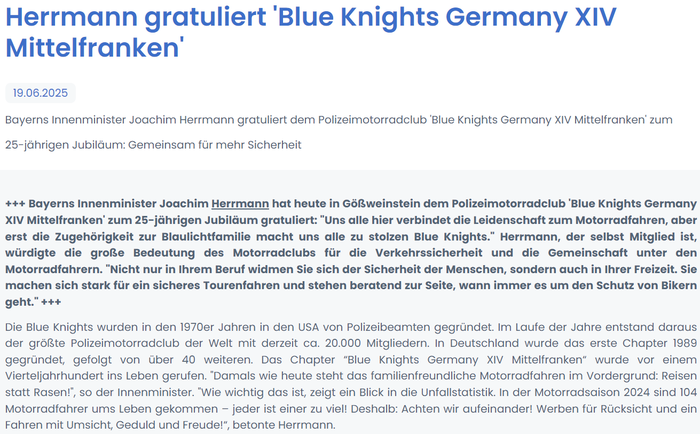 Blue Knights® Germany XIV Mittelfranken e.V.  Polizei-Motorradtouren-Club, Fränkische Schweiz, Bayerisches Staatsministerium, Innenminister Joachim Herrmann, ,