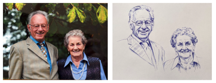 Vergelijking van een referentiefoto en een in opdracht gemaakte pentekening van een ouder echtpaar. Beiden zijn lachend afgebeeld; de man draagt een pak en de vrouw een blouse met vest. De tekening is gedetailleerd en met gevoel voor karakter uitgevoerd.