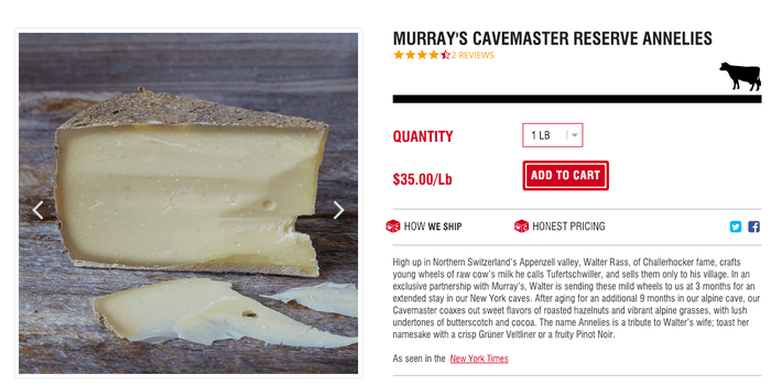 La página de un producto alimenticio de Murray’s Cheese con la descripción del producto