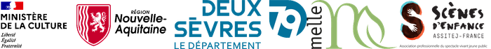 Logos de tous les partenaires cités précèdemment (Ministère de la Culture DRAC - Nouvelle Aquitaine - Conseil Régional Nouvelle Aquitaine - Conseil départemental des Deux-Sèvres - Ville de Melle - Réseau ASSITEJ France)