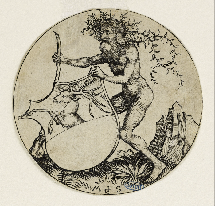 Martin Schongauer, Homme sauvage tenant un écu à la tête de cerf, v. 1485-1491, gravure, Musée Unterlinden, Colmar