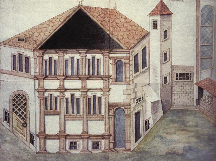 Le Wagkeller de Colmar en 1582 se trouvait à proximité de l'ancien couvent des Augustins. Aujourd'hui, il reste quelques vestiges de ce bâtiment entre la prison et le tribunal de Grande Instance. (Dessin rehaussé de lavis par Marx Friedlin)
