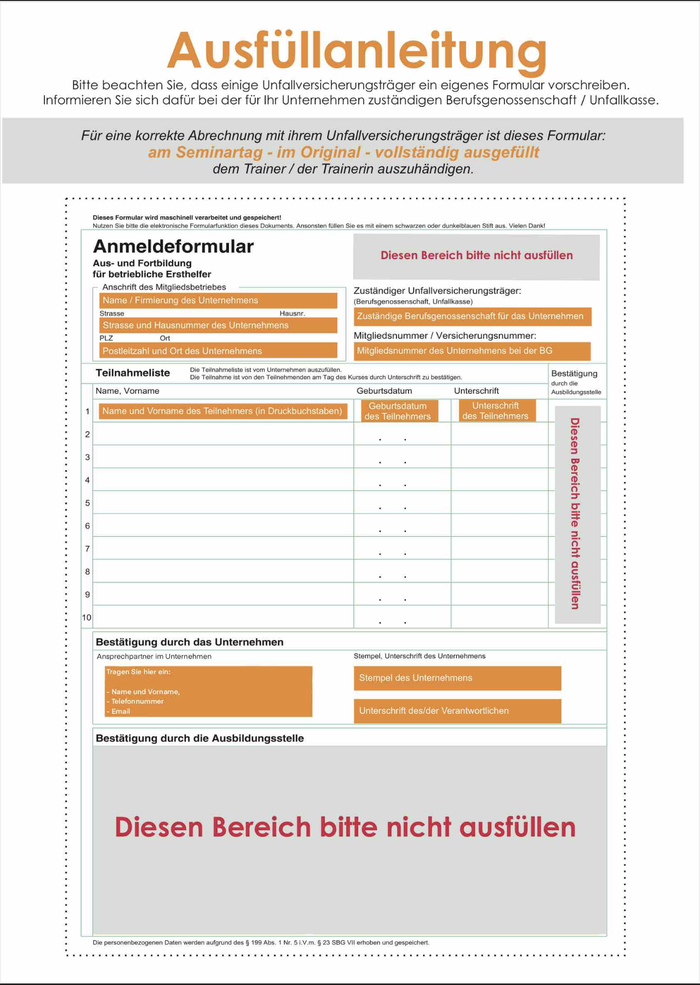 So sieht ein BG Abrechnungsformular aus, zur Abrechnung der Erste Hilfe Kurse
