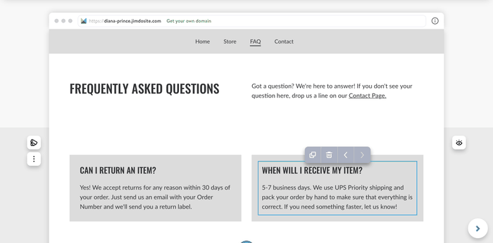 Page FAQ d’un site Jimdo en mode éditeur