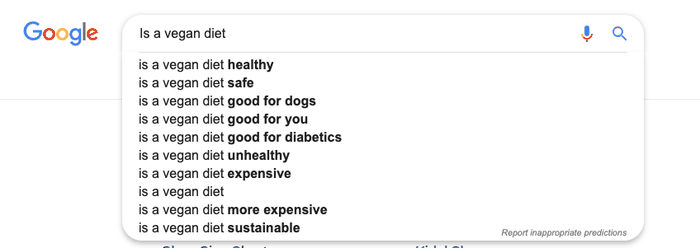 Exemple de prédictions de recherche sur Google