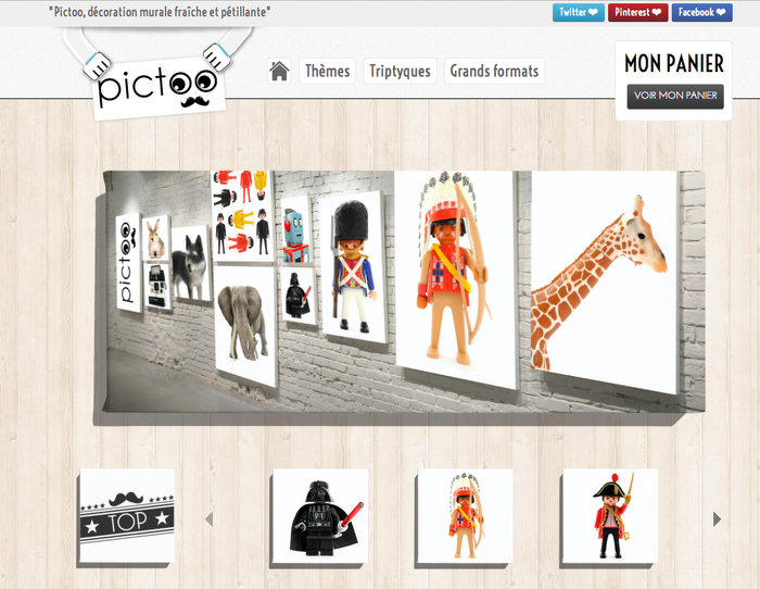 Page d'accueil de pictoo.be avec une navigation et des images cliquables qui renvoient vers les différentes sections du site.