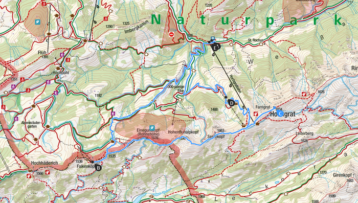 Start bei der Talstation der Hochgratbahn (A/F). Von hier über die Falkenhütte zu den Falkenköpfen (B). Weiter auf dem Gratweg bis zum Hochgrat-Gipfel (C). Schliesslich über den einfachen Normalweg (C) hinab.