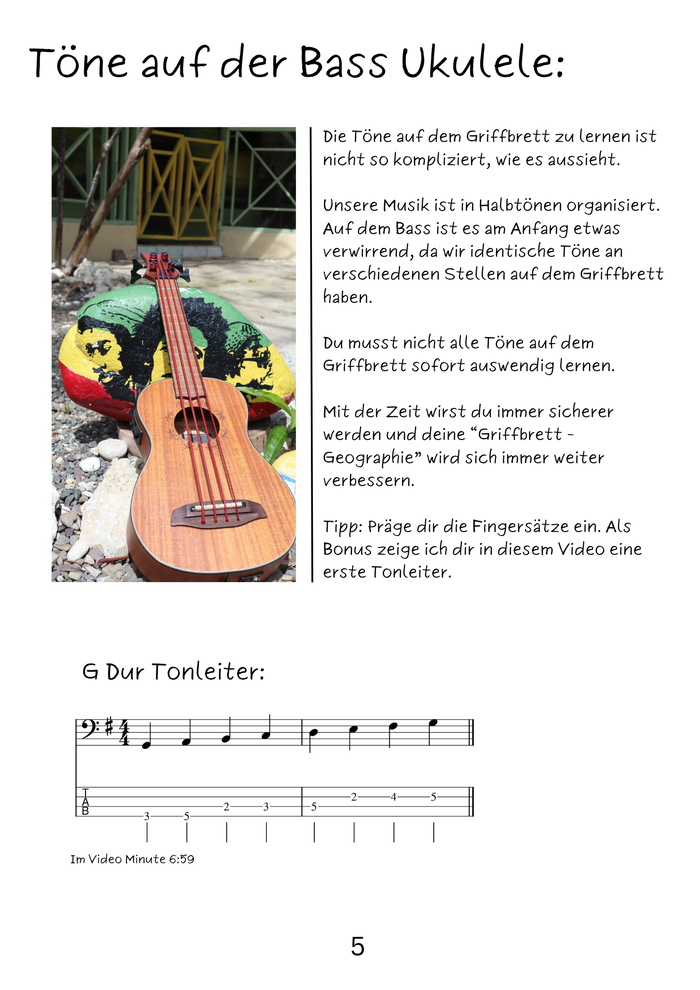 G-Dur Tonleiter Bass Ukulele Tabulatur und Noten im Bassschlüssel für Anfänger.