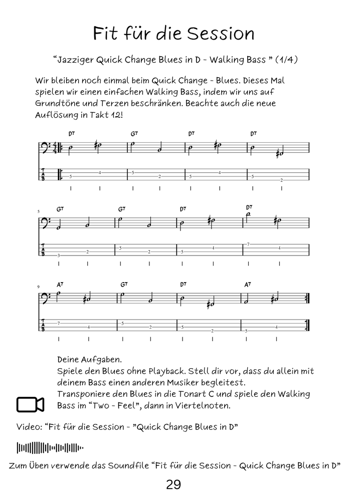 Walking Bass Noten und Tabulatur Jazz Blues in D-Dur Übung für Bass Ukulele und E-Bass mit Grundtönen und Terzen.