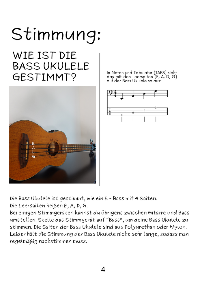 Übersicht der Leersaiten E, A, D und G: Oben in klassischer Notation (Bassschlüssel), unten als Tabulatur (TABS).