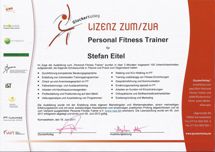 Personal Fitnesstrainer Stuttgart Lizenz