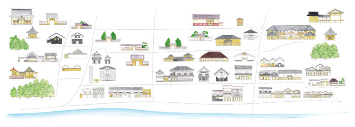 登米市登米町「みやぎの明治村」のイラストマップです。登米市登米町はNHK朝ドラ「おかえりモネ」ロケ地のひとつとしても注目されています。