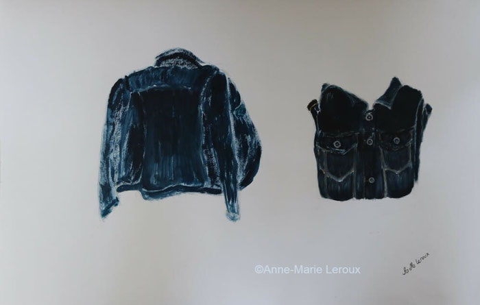 Acryli.que représentant une veste en jean plié et déplié