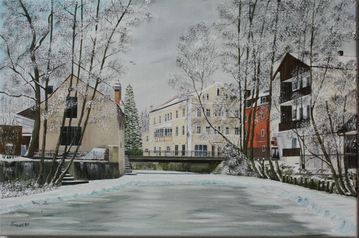 Nr. 188 Das Ölgemälde zeigt die Dorfener Isen bei der Soafabrücke. Format 60x40cm. Es ist mit Ölfarben auf Leinwand gemalt.